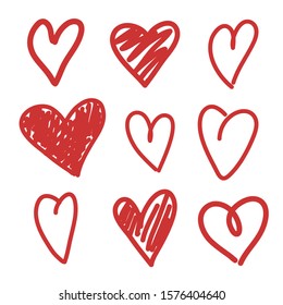 Red hearts, vector set. Hand drawn elements for your design.