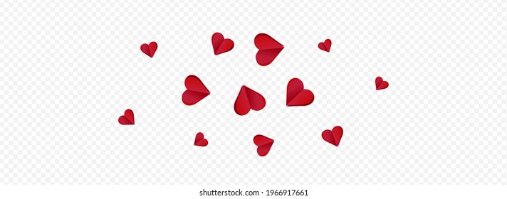 Red Hearts Vector Transparent Panoramic Backgound. Love Heart Design. Burgundy Falling Confetti Illustration.