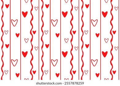 Red hearts Vertical wavy lines Seamless pattern lovely romantic Isolated background Valentine's Day textiles fabric wallpaper wrapping paper wallpaper polygraphy Repeating design Fabric print design