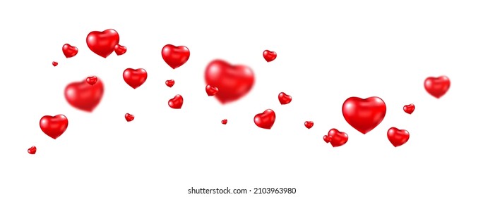 Red hearts wave on long banner. Happy Valentine's Day greeting card. Celebration background. Realistic balloons shape heart frame. Luxury party border. Wedding decoration. Vector illustration.