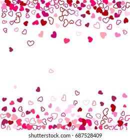 Red hearts wedding background, invitation card template. Valentine's day banner or card frame. Vector heart confetti border with place for text.