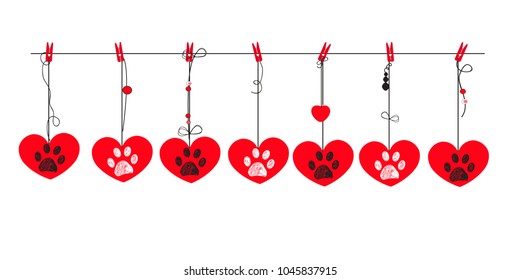 Red hearts with white and black paw prints. Happy Valentine's day greeting card