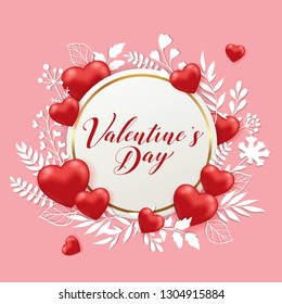 Red hearts, white paper cut flowers and round banner on a pink background. Greeting card for Saint Valentine's day. Vector illustration.
