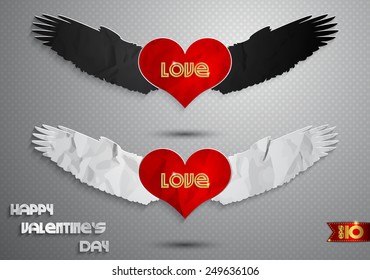 Red hearts with white wings and black wings on a gray background and white lettering Happy Valentine's Day