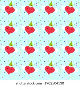 Red hearts with white wings, a cap, multicolored confetti on a light blue background. Seamless vector pattern for hoop, surface, packaging, postcards, wallpaper.