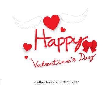 Red hearts wing with text happy valentine's day on white background