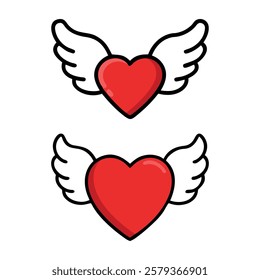 Red Hearts with Wings, Flying Love romantic Flat Icon Clip Art Illustration I Love You Wish Valentine's Day on white background.