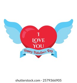 Red Hearts with Wings, Flying Love romantic Flat Icon Clip Art Illustration I Love You Wish Valentine's Day on white background.