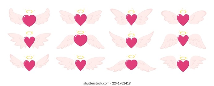 Red hearts with wings. Flying pink heart cartoon style, love and romantic valentines day elements. Angel or bird wing, racy vector stickers clipart