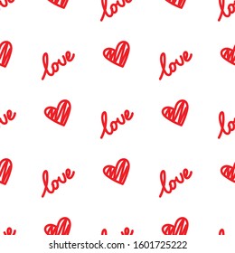 Red hearts and words seamless pattern. Vector seamless pattern on white background