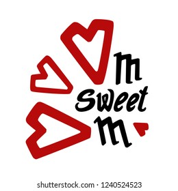 Red hearts with yoga mantra - Om sweet om. Vector cute funny quote for print on yoga class or t shirt