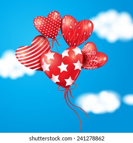 Red hearts-balloons in the blue sky.. 3D vector background.