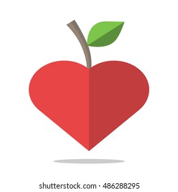 Red heart-shaped apple isolated on white background. Love, health and diet concept. Flat design. Vector illustration. EPS 8, no transparency