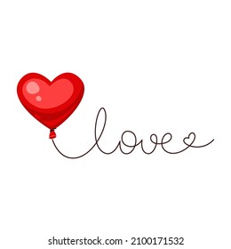 Red heart-shaped balloon and lettering love isolated on white background. Valentine's day or wedding card. Vector illustration