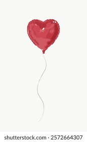 Red heart-shaped balloon with a long string. Heart balloon floats gently. Perfect for celebrations. Heart balloon adds a festive touch. Ideal for parties. Aesthetic vector illustration isolated.