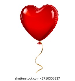 Globo rojo en forma de corazón con superficie brillante y cinta dorada sobre fondo blanco.
