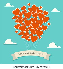 Red heart-shaped balloons. Postcard.