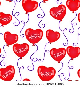Red heart-shaped balloons with purple ribbons on a white background. Vector seamless pattern for wallpaper, wrapper, banner, printing on clothes and bags. Design template for Valentine's day, wedding