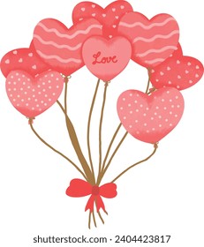 Red heart-shaped balloons There are various patterns. There is a red bow attached to the end of the rope.