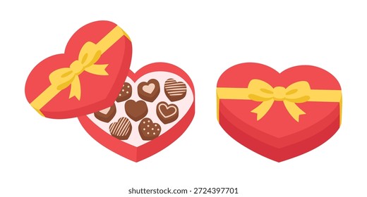 Caja de chocolate roja en forma de corazón con versiones abiertas y cerradas, lazo amarillo y deliciosos pralinés. Vector plano para el día de San Valentín y regalos románticos.