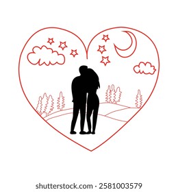 red heart-shaped illustration with a silhouette of a couple in the center