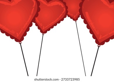 Red heart-shaped inflatable balloons with black string on a white rectangle. Vector Valentine's Day background.