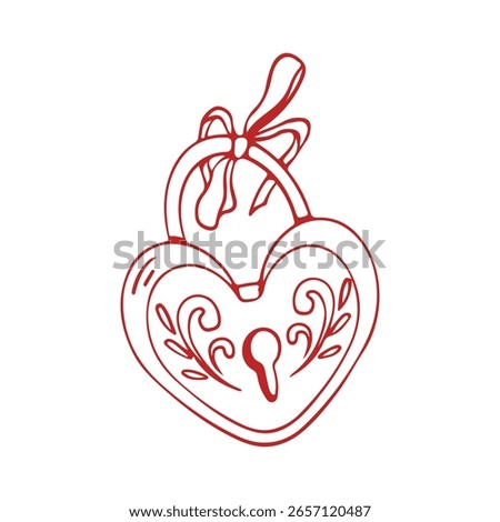 Red heart-shaped lock with a bow. Vector linear illustration in sketch style. Retro lock. Wedding attribute on a white background. Symbol of love and marriage. Valentines Day