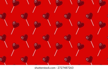 Pirulito vermelho em forma de coração. Vetor padrão sem emenda em um fundo vermelho.