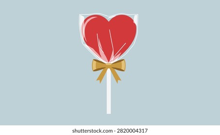 Red heart-shaped lollipop wrapped in plastic and decorated with a shiny gold bow on a light blue background.