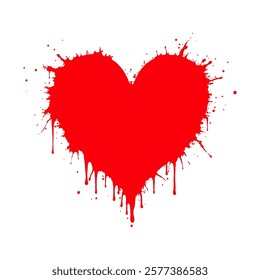 A red heart-shaped splatter with dripping edges on a clean white background, representing love, passion, and artistic creativity. Valentine's day illustration.