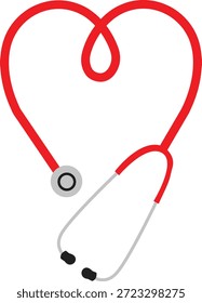Red heart-shaped stethoscope vector illustration. Medical instrument icon coiled into a love symbol isolated on white background. Healthcare graphic for nursing logos, cardiology branding, and medical apparel.