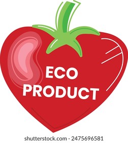 Diseño de tomate con forma de corazón rojo etiquetado como Producto ecológico. Vástago verde, gráfico saludable. Fondo blanco aislado del tema de la comida respetuoso del medio ambiente