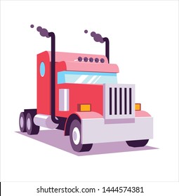 Red heavy american truck. 3D lowpoly vector illustration, flat cartoon.