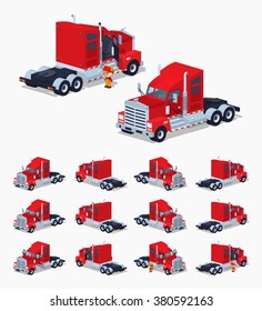 Red heavy american truck. 3D lowpoly isometric vector illustration. The set of objects isolated against the white background and shown from different sides
