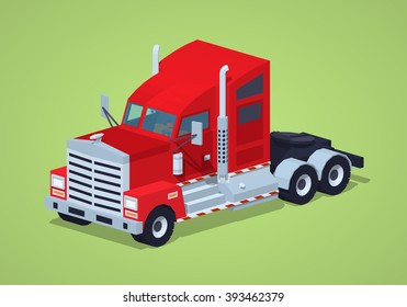 Red heavy american truck against the green background. 3D lowpoly isometric vector illustration