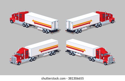 Red heavy american truck with the trailer. 3D lowpoly isometric vector illustration. The set of objects isolated against the grey background and shown from different sides