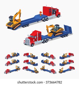 Red heavy truck with yellow excavator on the blue low-bed trailer. 3D lowpoly isometric vector illustration. The set of objects isolated against the white background and shown from different sides