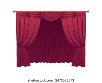 Red heavy velvet open curtain mounted on a gold cornice. Beautiful stage curtain. Luxury cornice decor. Drapery. Vector illustration isolated on white background.