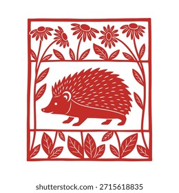Erizo rojo en un marco cuadrado decorativo rodeado de flores y hojas estilizadas que crean una encantadora ilustración de arte popular perfecta para tarjetas de felicitación, educación de la naturaleza o temática animal