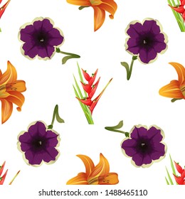 Red Heliconia Bihai. Orange Daylily. Violet Petunia. Vector illustration. Seamless background pattern. Floral botanical flower. Wild leaf wildflower isolated. Exotic tropical hawaiian jungle. Fabric.
