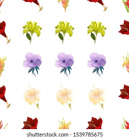 Red Heliconia Bihai. Purple Amaryllis. Yellow Guzmania. Yellow Lilium. Violet Anemone. Yellow hibiscus. Vector illustration. Seamless background pattern. Floral botanical flower. Wild leaf.