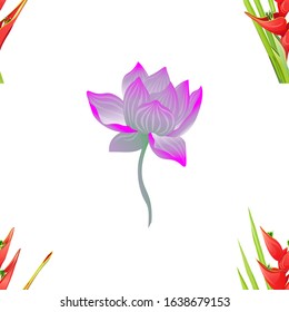 Red Heliconia Bihai. Purple Lotus. Vector illustration. Seamless background pattern. Floral botanical flower. Wild leaf wildflower isolated. Exotic tropical hawaiian jungle. Fabric wallpaper print.