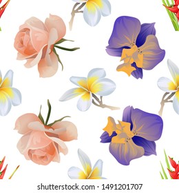 Red Heliconia Bihai. White Plumeria. Pink Rose. Purple Orchid. Vector illustration. Seamless background pattern. Floral botanical flower. Wild leaf wildflower isolated. Exotic tropical hawaiian.