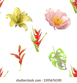 Red Heliconia Bihai. Yellow Lilium. Pink Peony. Orange Heliconia. Green Monstera. Vector illustration. Seamless background pattern. Floral botanical flower. Wild leaf wildflower isolated. Exotic.