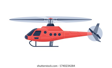 Red Helicopter Aircraft, Flying Chopper Air Transportation Flat Vector Illustration