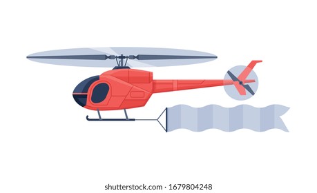 Red Helicopter with Blank Banner Flying in the Sky, Air Vehicle with White Ribbon for Advertising Vector Illustration