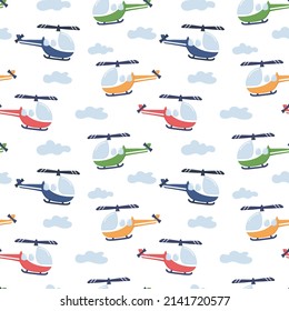 Red Helicopter in Cartoon style with sign Time to fly and seamless pattern colorful Helicopter. Vector