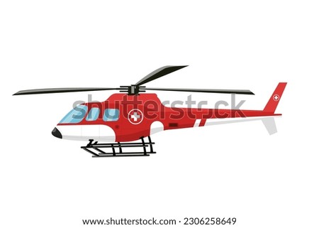 Red helicopter emergency air flying transportation. side view vector illustration