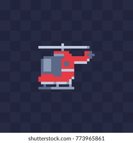 Red helicopter icon. Retro pixel art. Flat style. Knitting design. 8-bit sprite. Isolated abstract vector illustration. Game assets.
