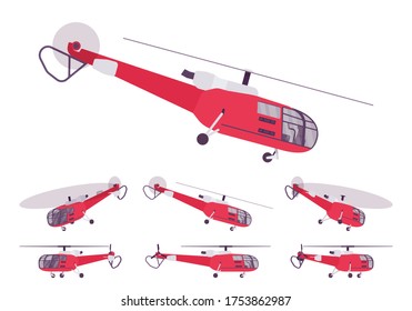 Red helicopter set, rotary wing aircraft vehicle. Machine hovering for aerial observation, people, cargo transportation, firefighting, tourism. Vector flat style cartoon illustration, different views